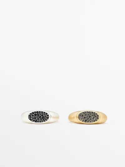 Silver Oval Black Crystal & Gold Oval Grey Crystal Signet Ring Set