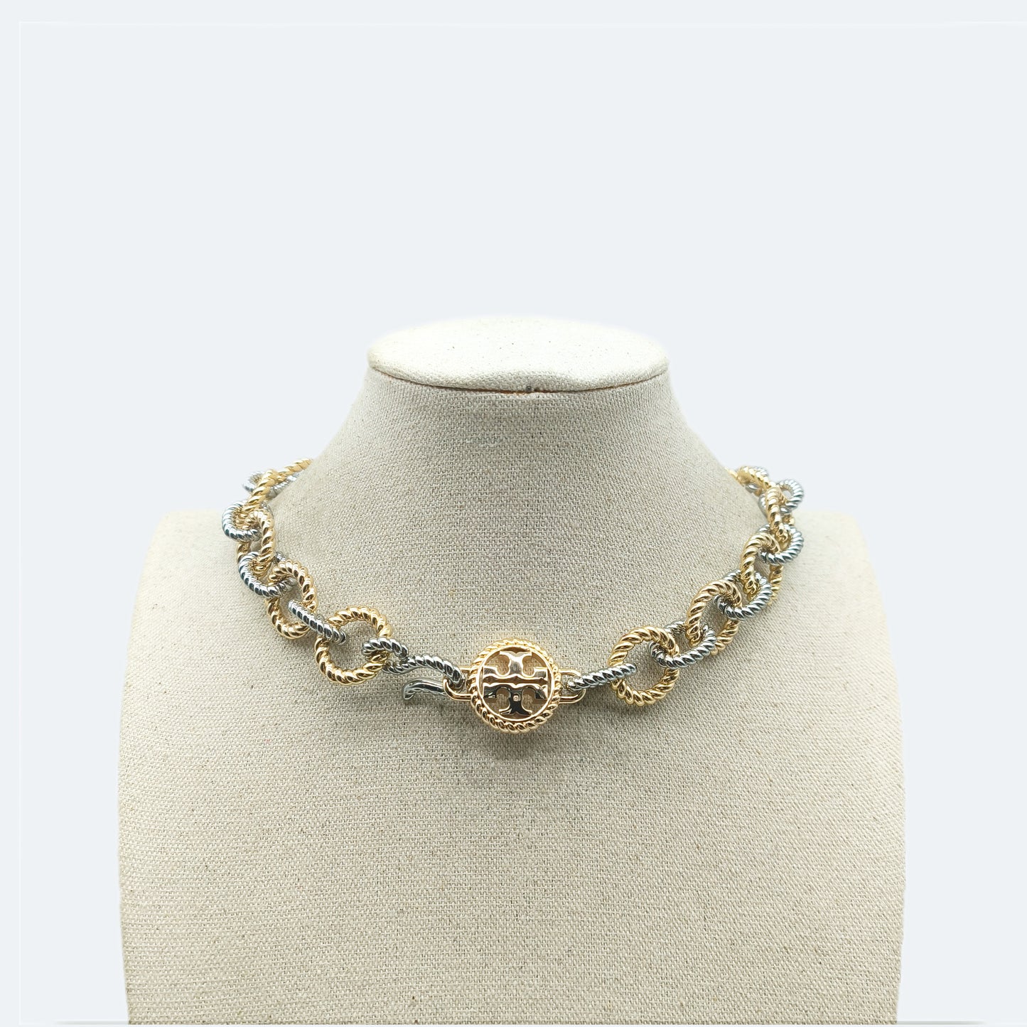 Gold and rhodium plated two tone textured rope chain collar necklace