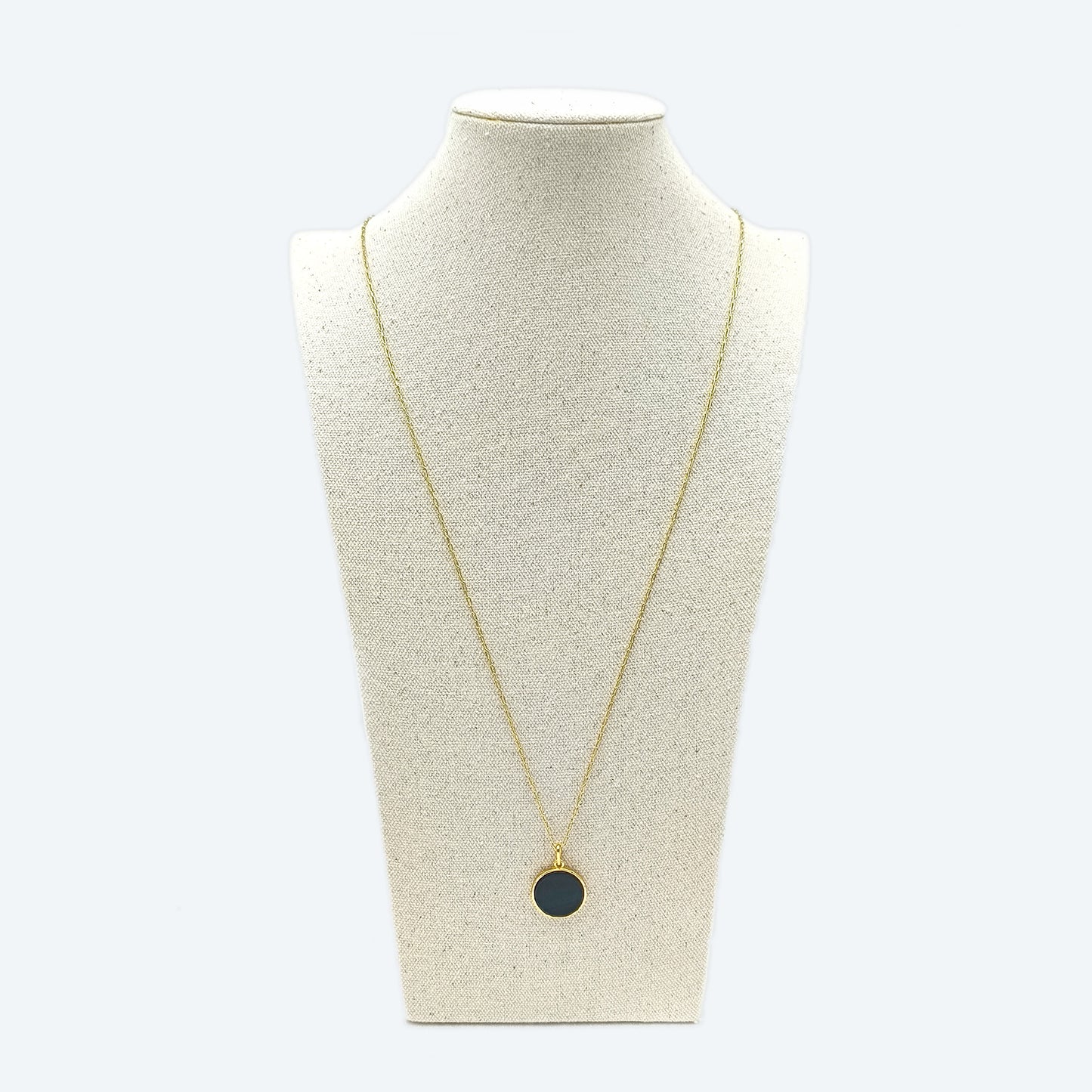Gold plated thin chain with black agate round pendant necklace