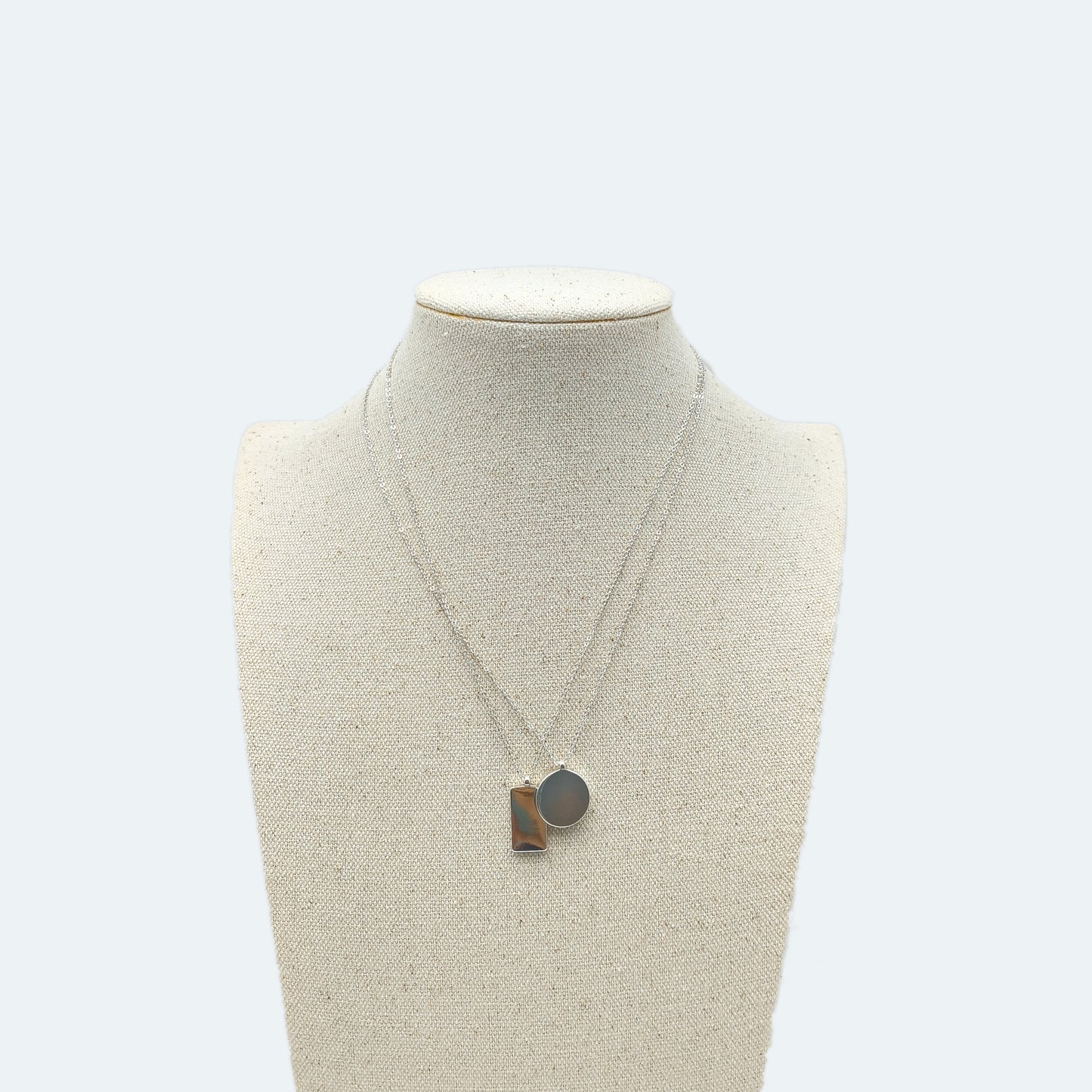 Round and rectangle silver pendant necklace