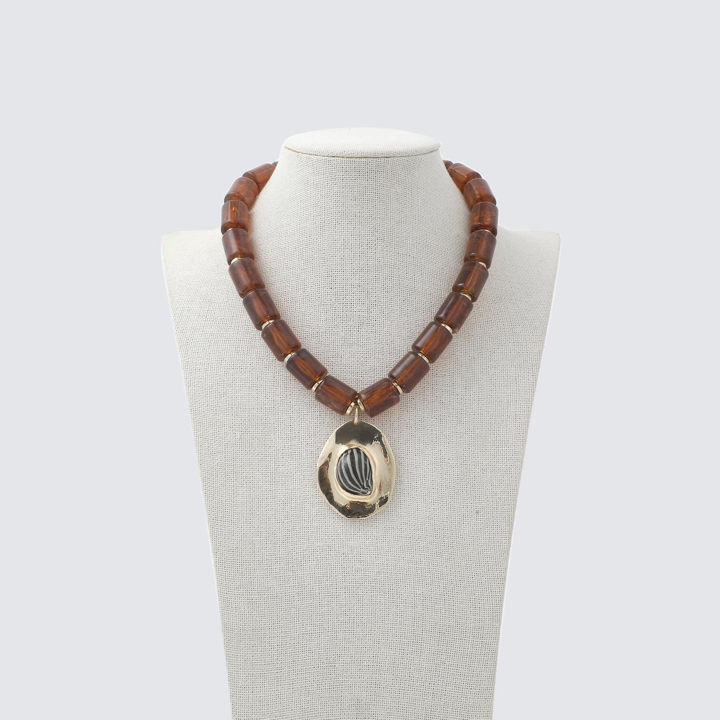 Amber Cylinder Bead & Striped Shell Pendant Necklace