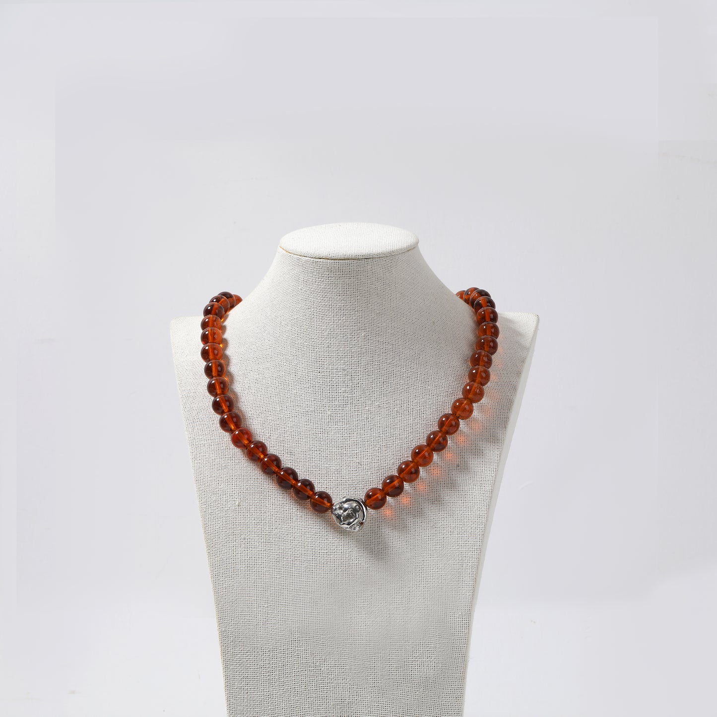 Amber Round Bead Necklace with Silver Shell Pendant
