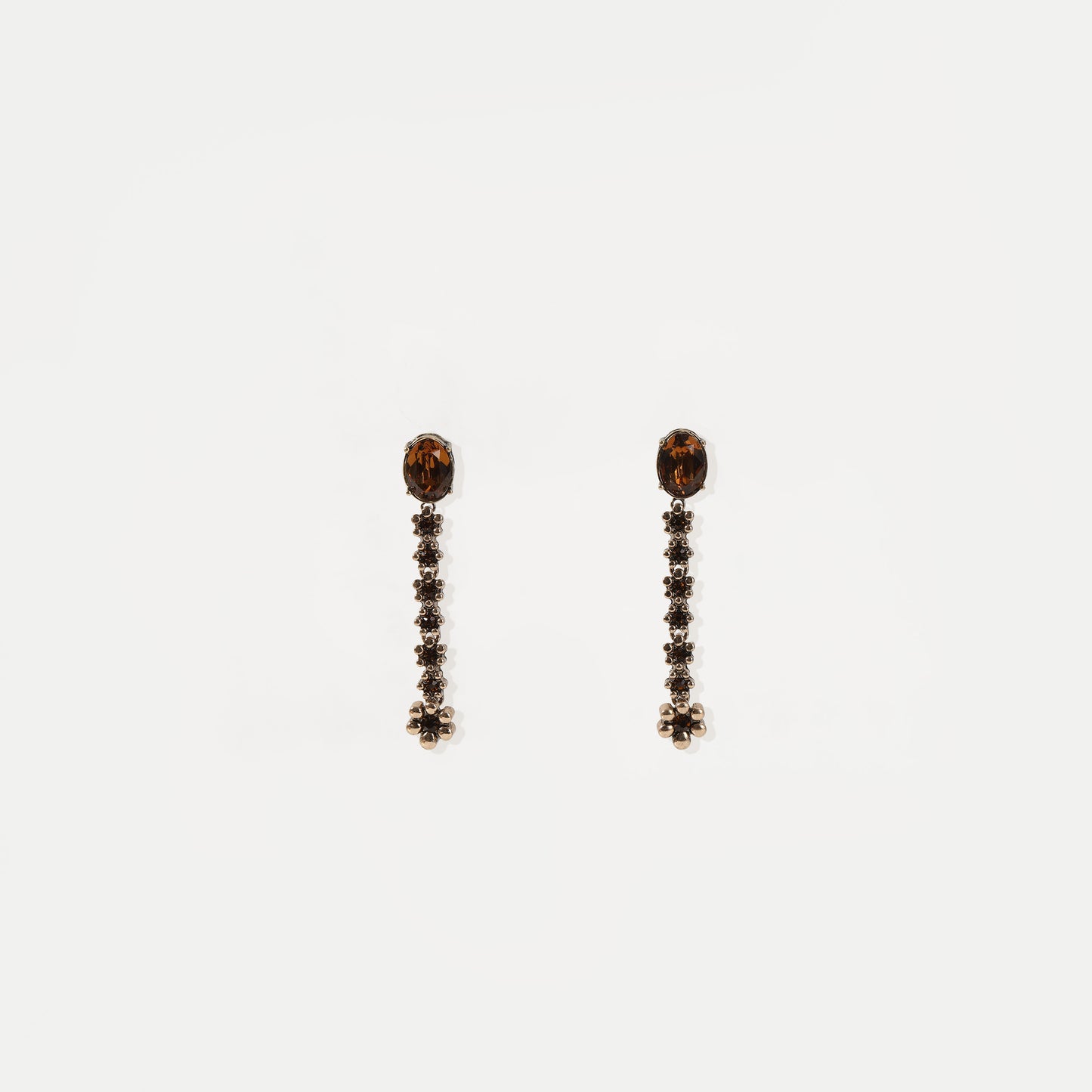 Antique bronze drop earring with topaz crystal and flower-link chain