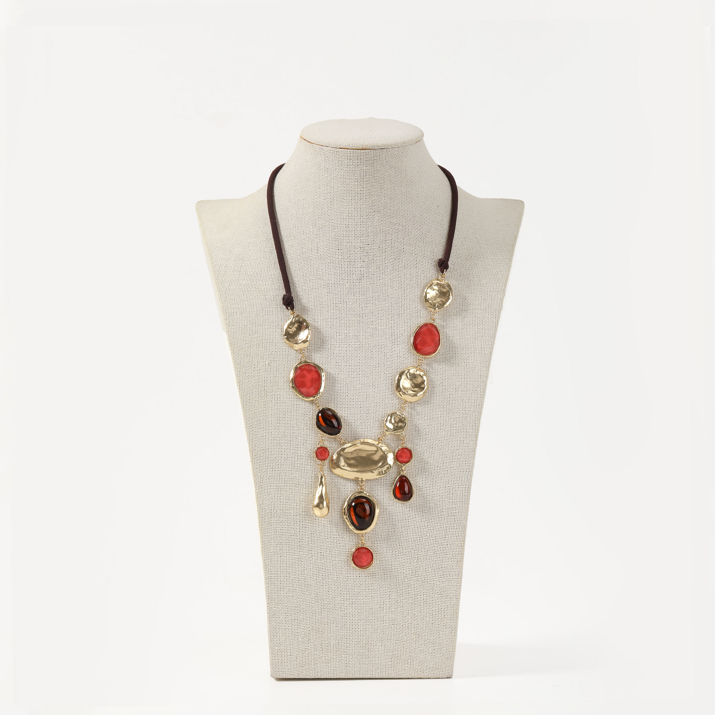 Asymmetric suede cord with red and amber cabochons necklace