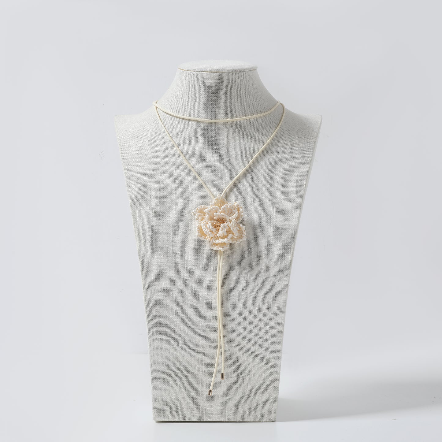 Beige Cord with Cream Crochet Flower Lariat Necklace