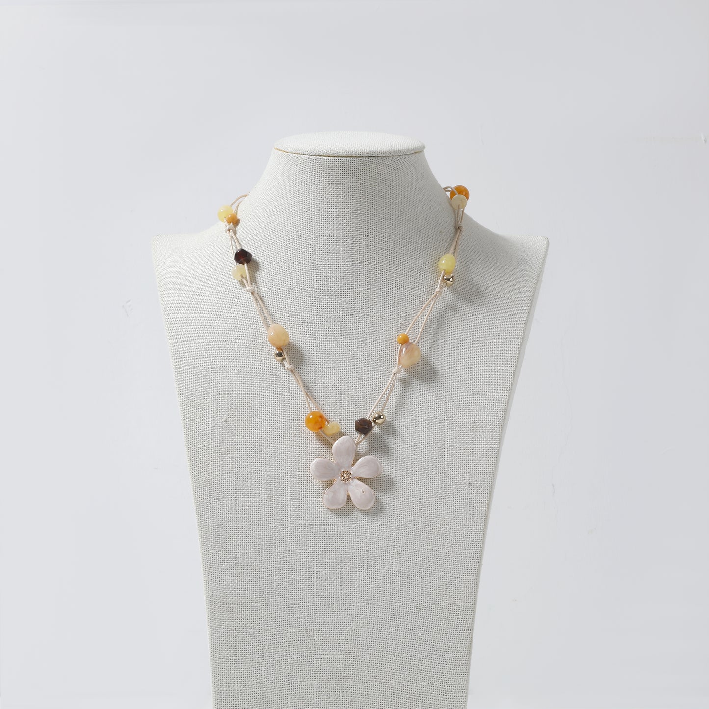 Beige Cord with Multi-Color Beads & White Enamel Flower Pendant Necklace
