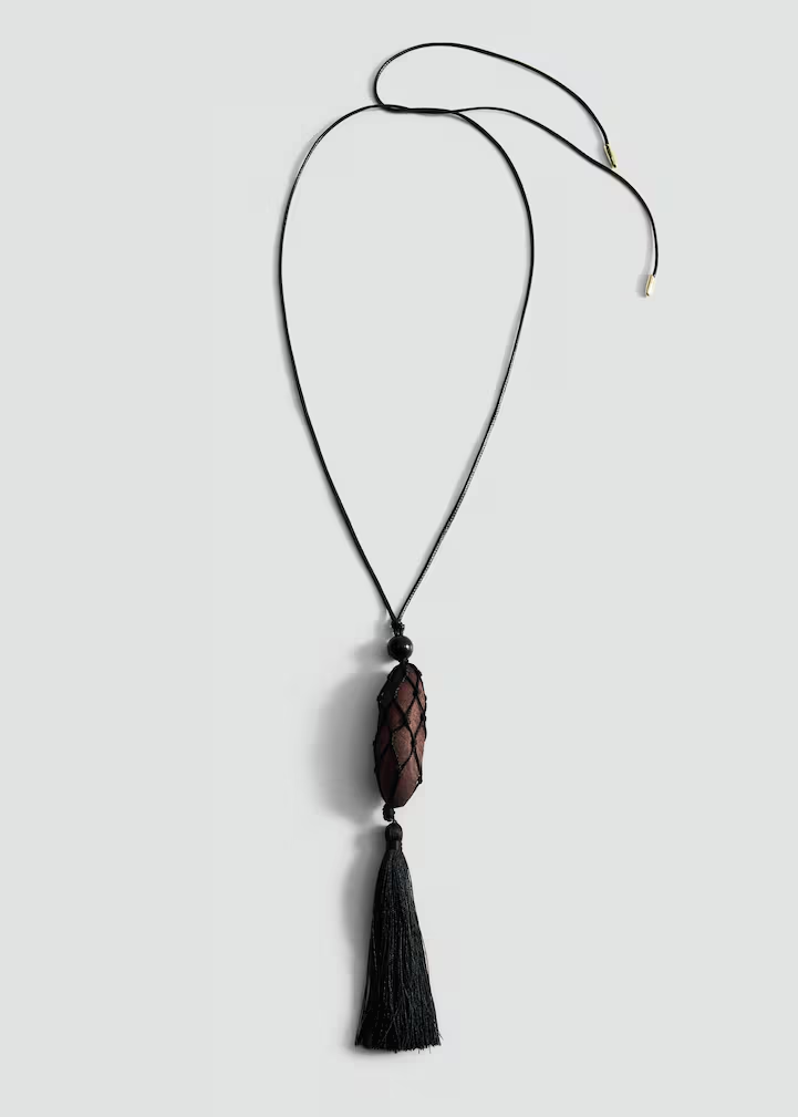 Black Cord Net Wrapped Stone Tassel Pendant Adjustable Necklace