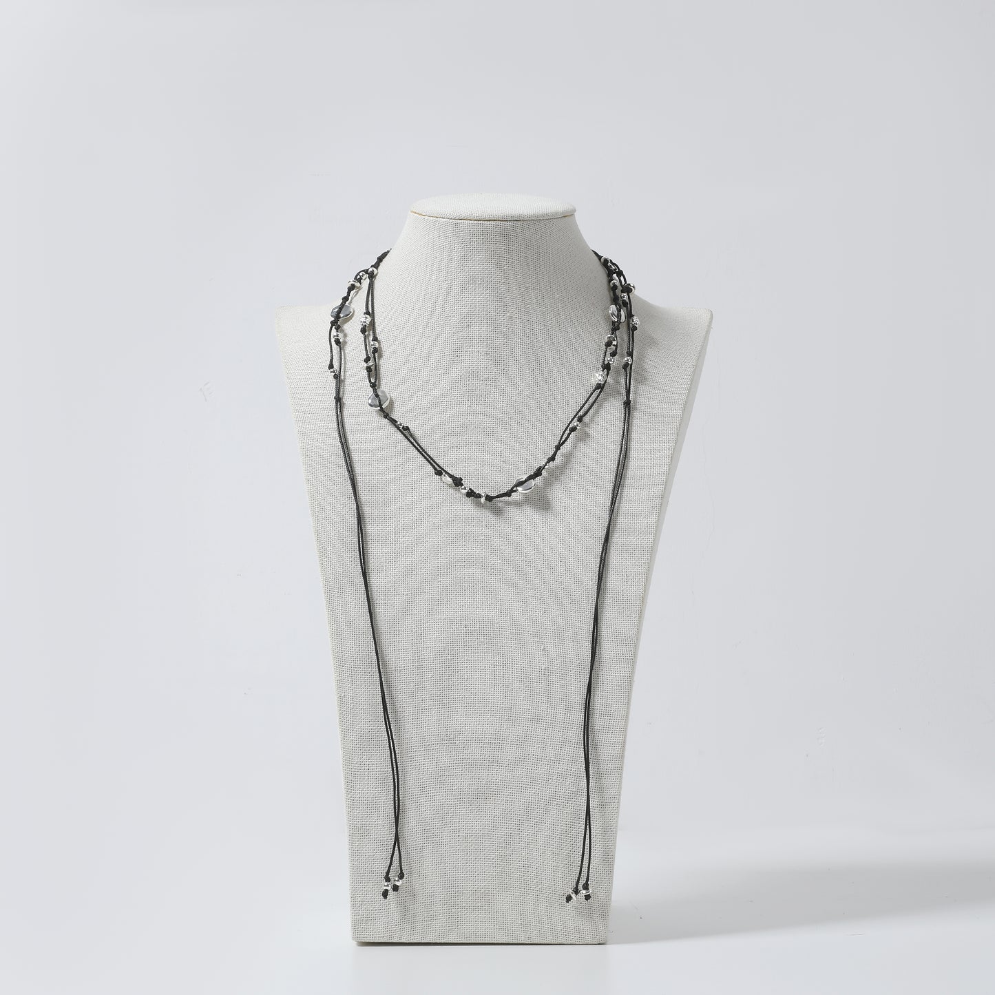 Black Cord & Clear Bead Multi-Layer Lariat Necklace