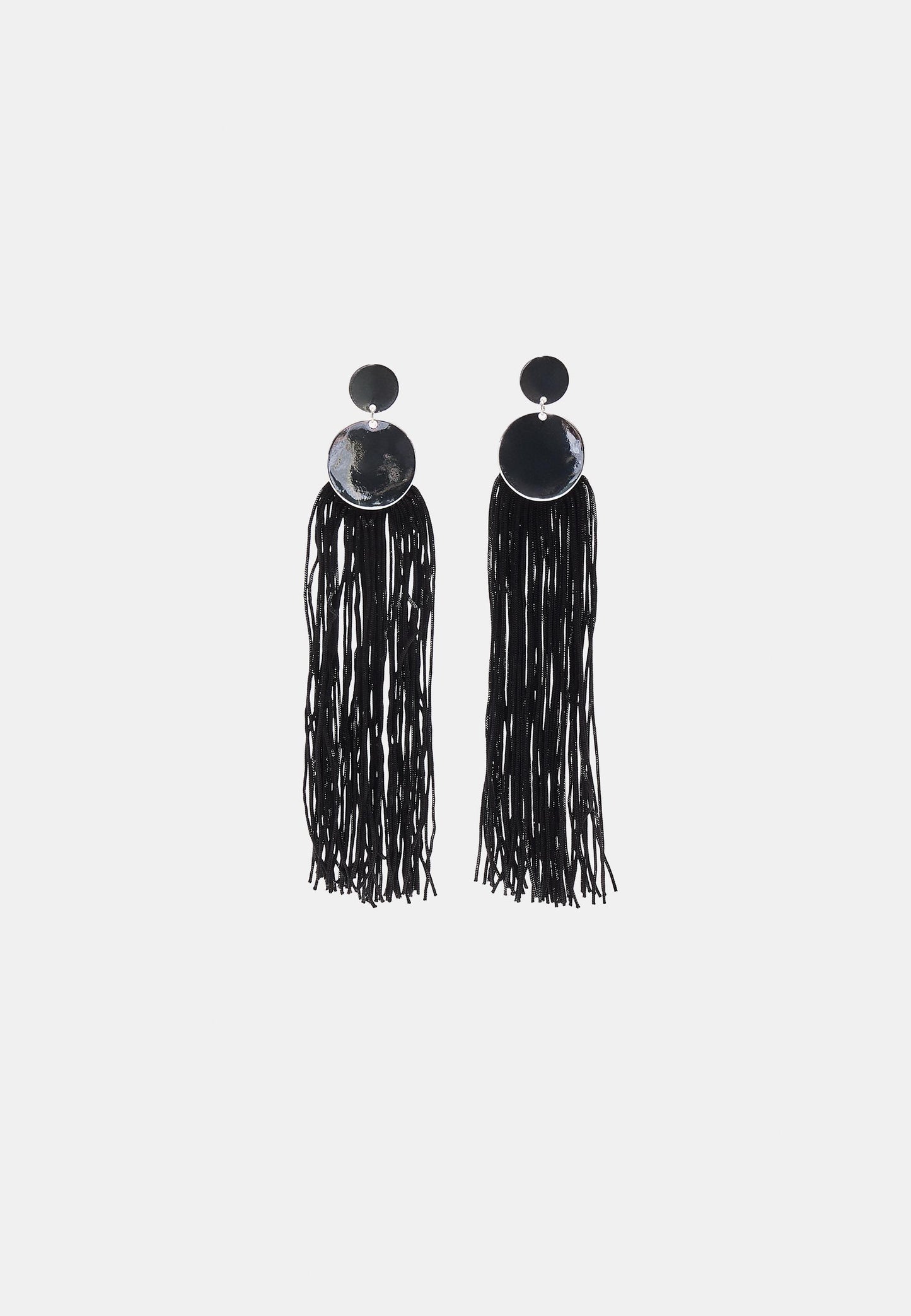 Black Disc & Long Tassel Drop Earrings