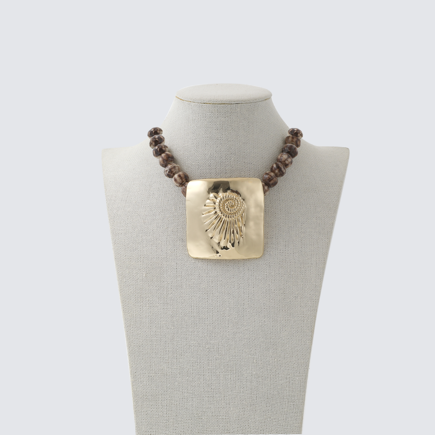 Brown Marbled Bead & Gold Nautilus Square Pendant Necklace