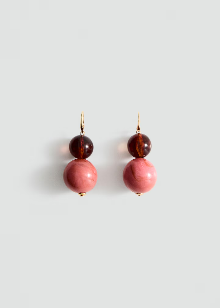 Dual Gradient Pink & Amber Round Bead Hoop Drop Earrings