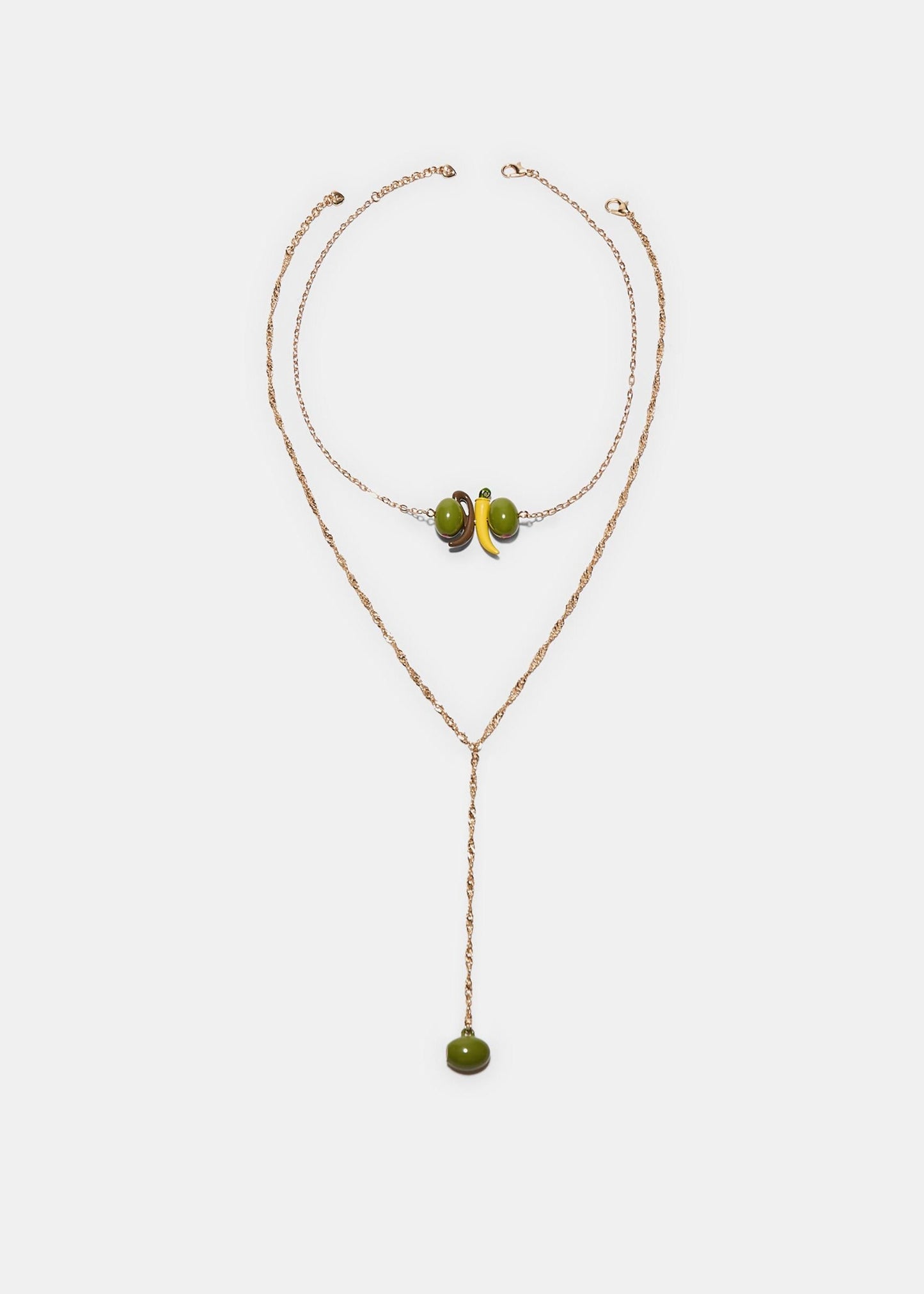 Gold-Tone Double Layer Olive & Banana Fruit Charm Lariat Necklace