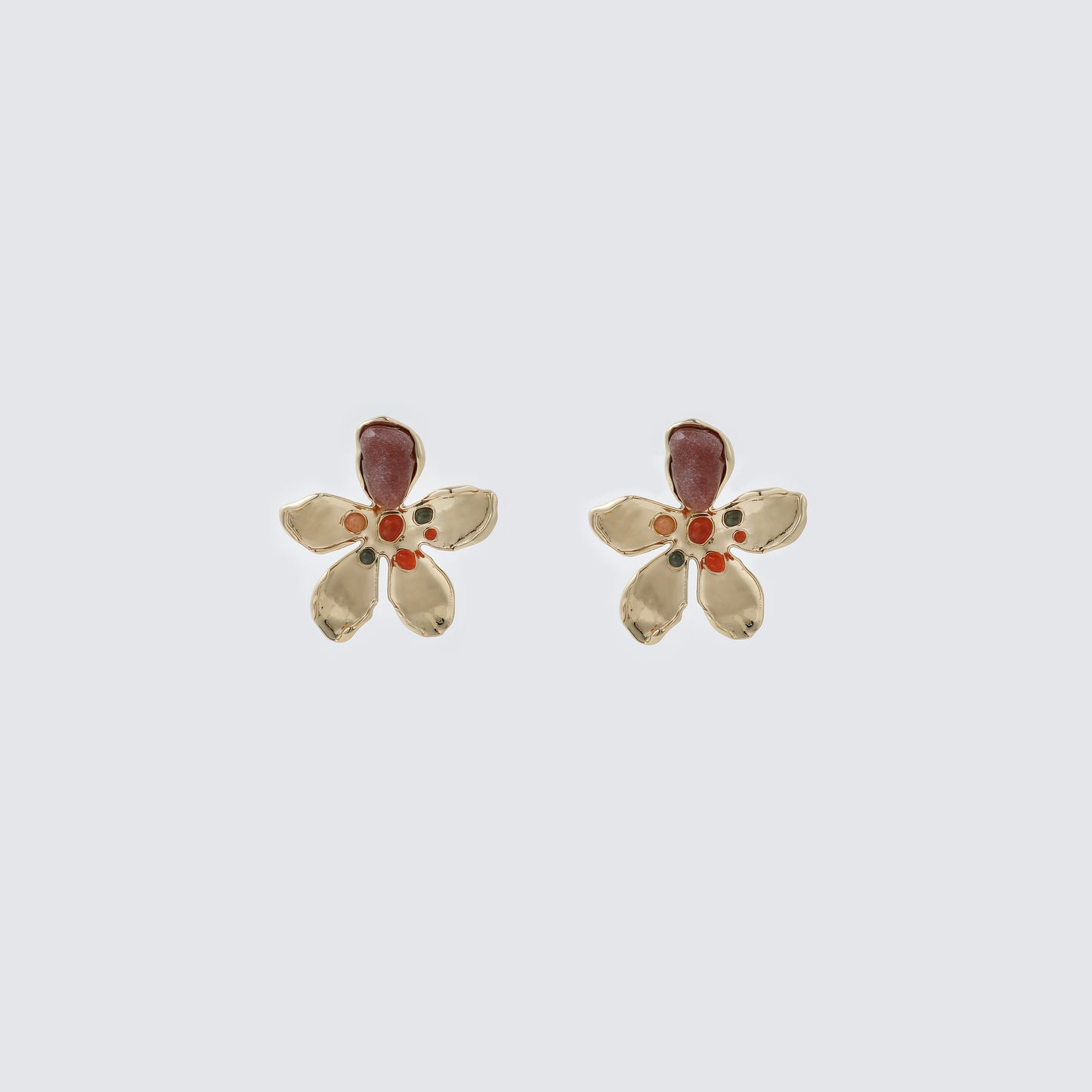 Gold Abstract Flower with Multi-Color Stone Stud Earrings