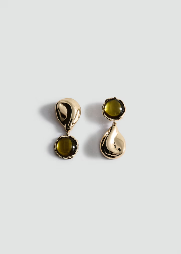Gold Asymmetrical Green Crystal & Sculptural Disc Drop Earrings