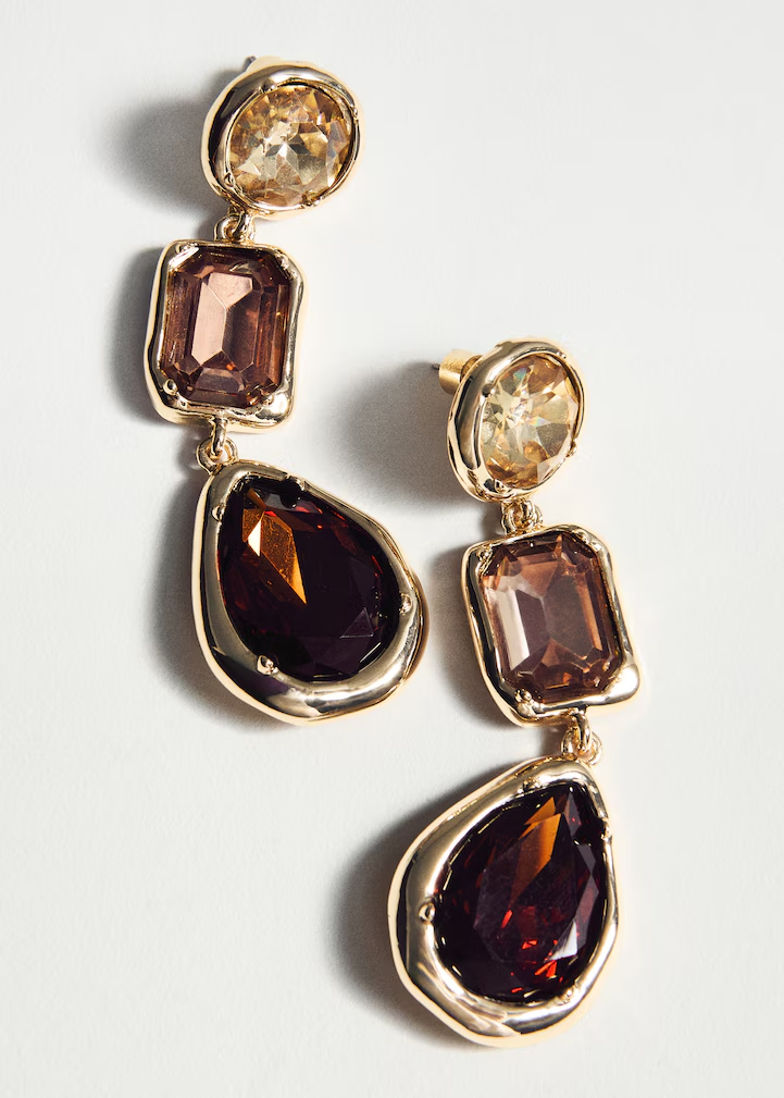 Gold Asymmetrical Multi-Stone Drop Earrings (Champagne, Brown, Garnet)