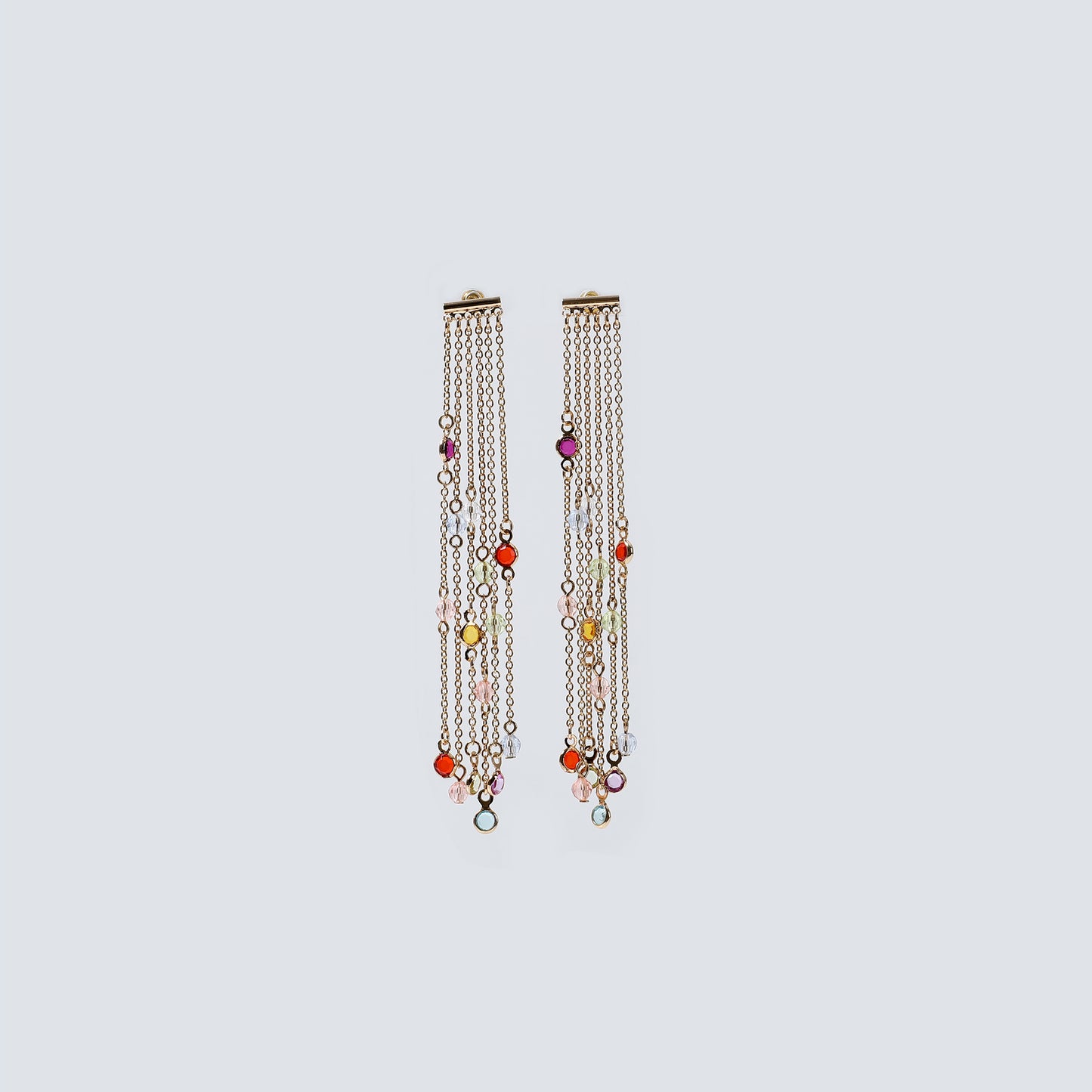 Gold Bar & Multi-Color Gemstone Fringe Drop Earrings