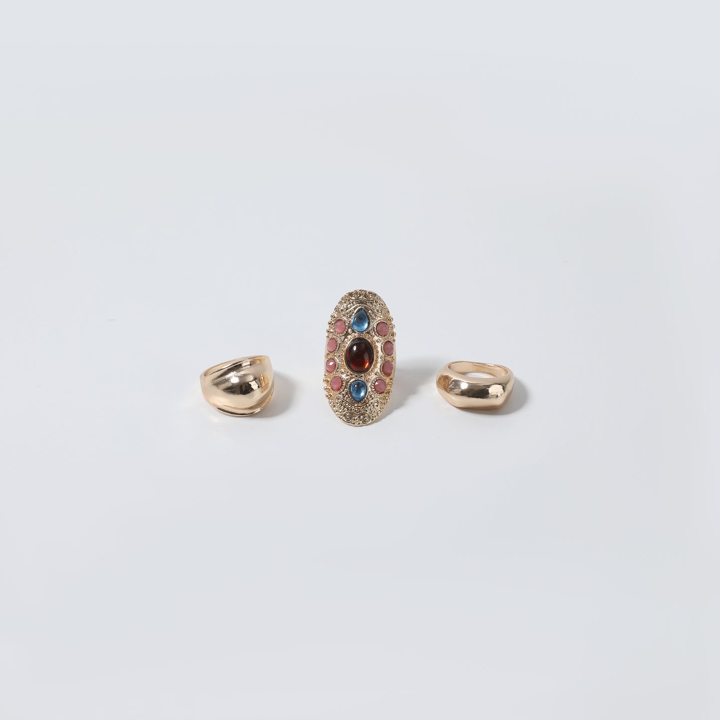 Gold Chunky Dome & Ornate Multi-Stone Oval Ring Set