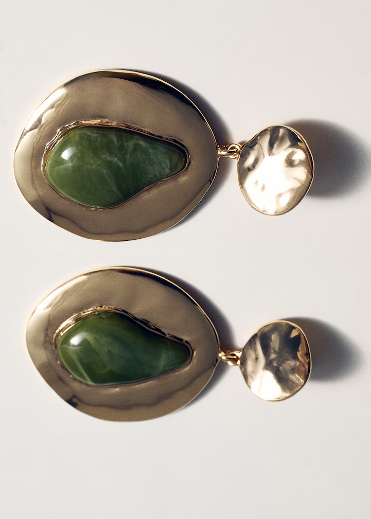 Gold Hammered Disc with Green Stone Drop Earrings