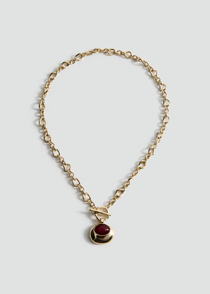 Gold Heart Link Chain with Red Stone Toggle Pendant Necklace