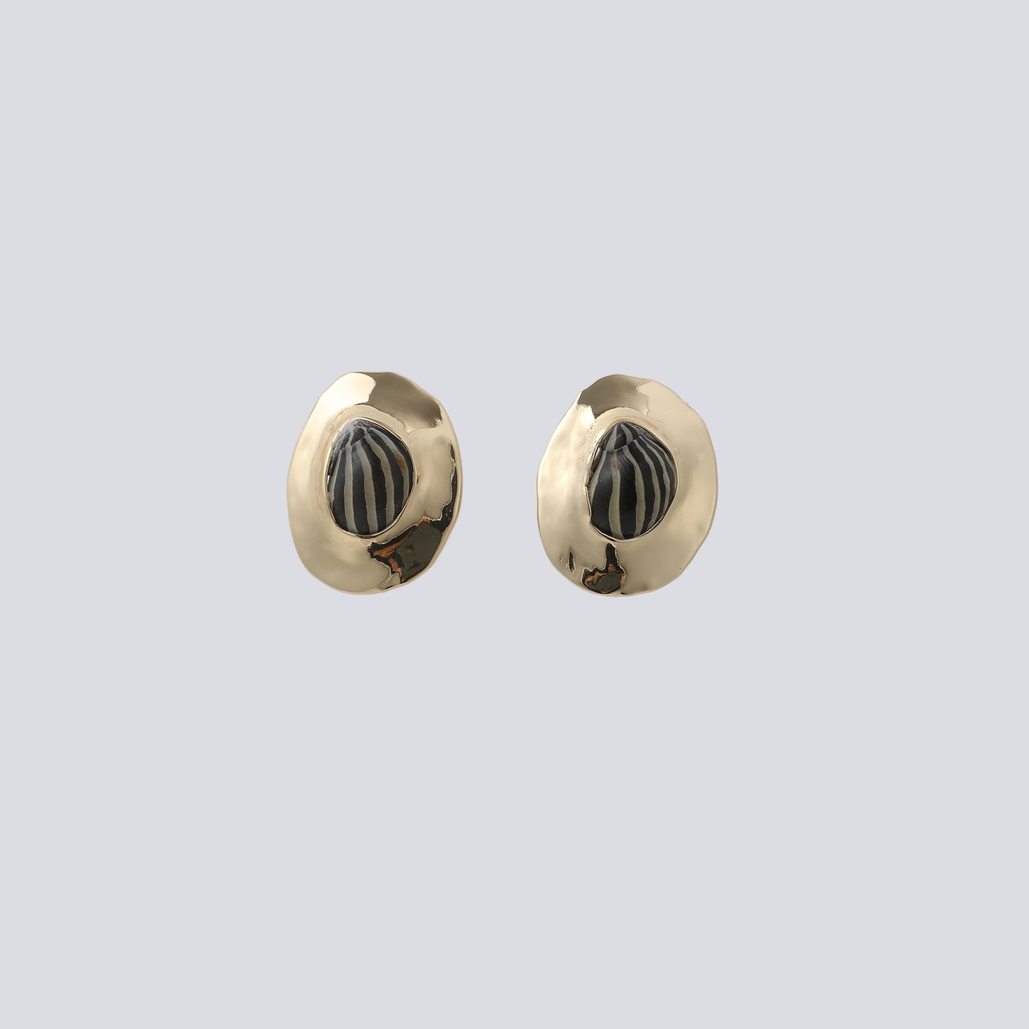 Gold Irregular Frame with Black Stripe Stone Stud Earrings