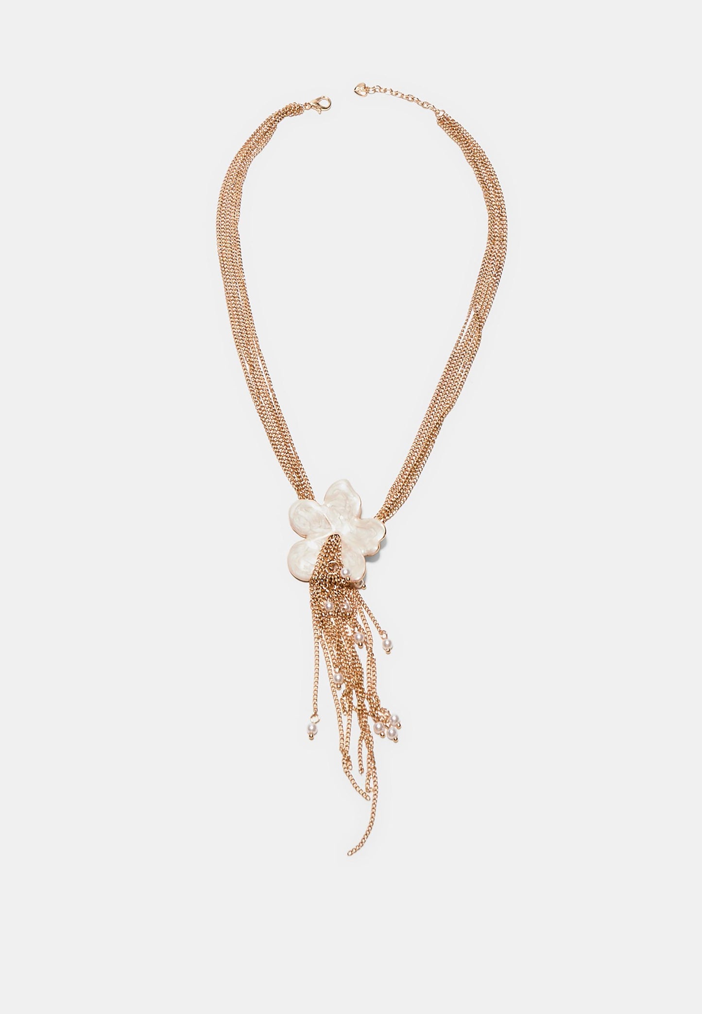 Gold Multi-Chain Pink Enamel Flower Fringe Necklace