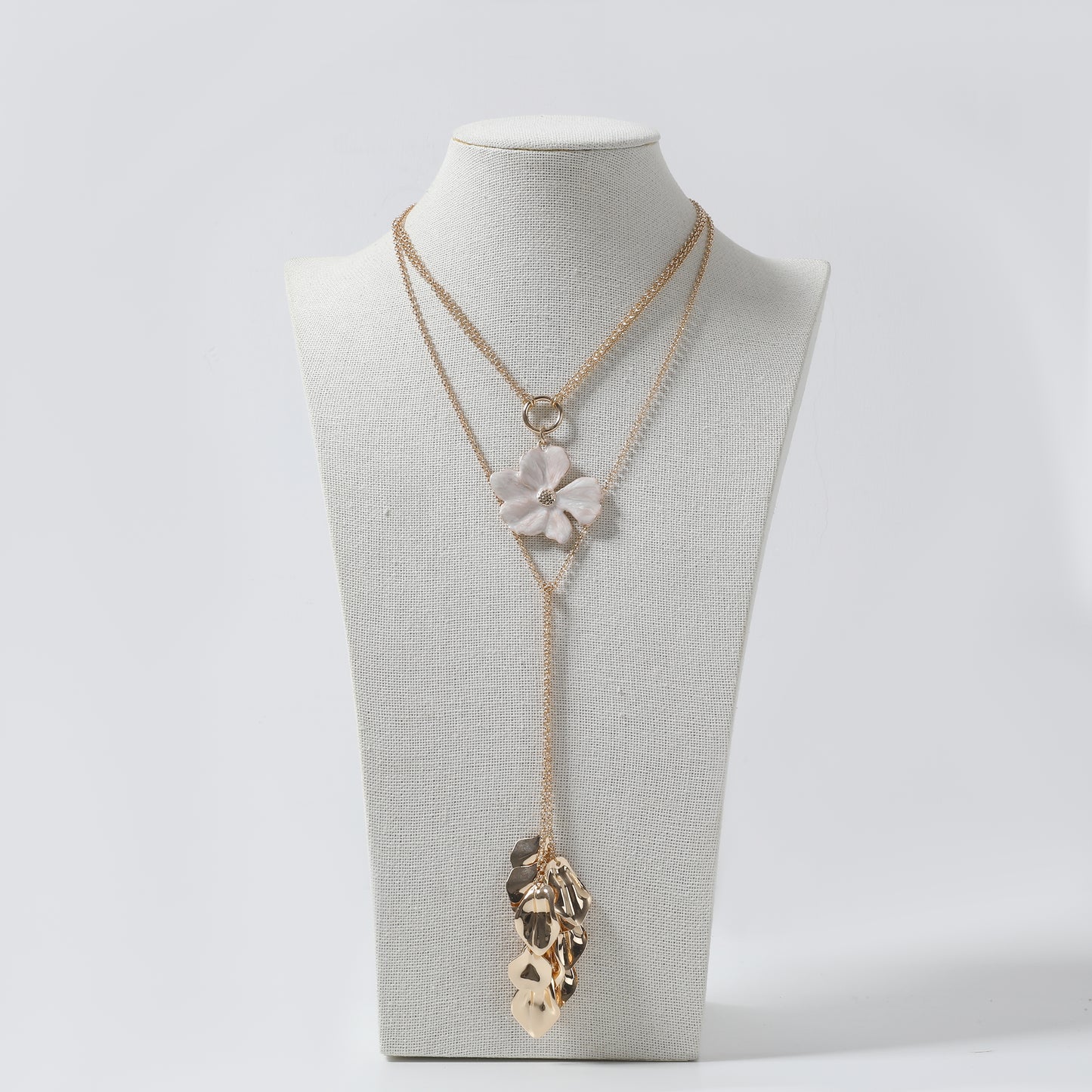 Gold Multi-Layer Chain with White Enamel Flower & Leaf Tassel Y-Necklace
