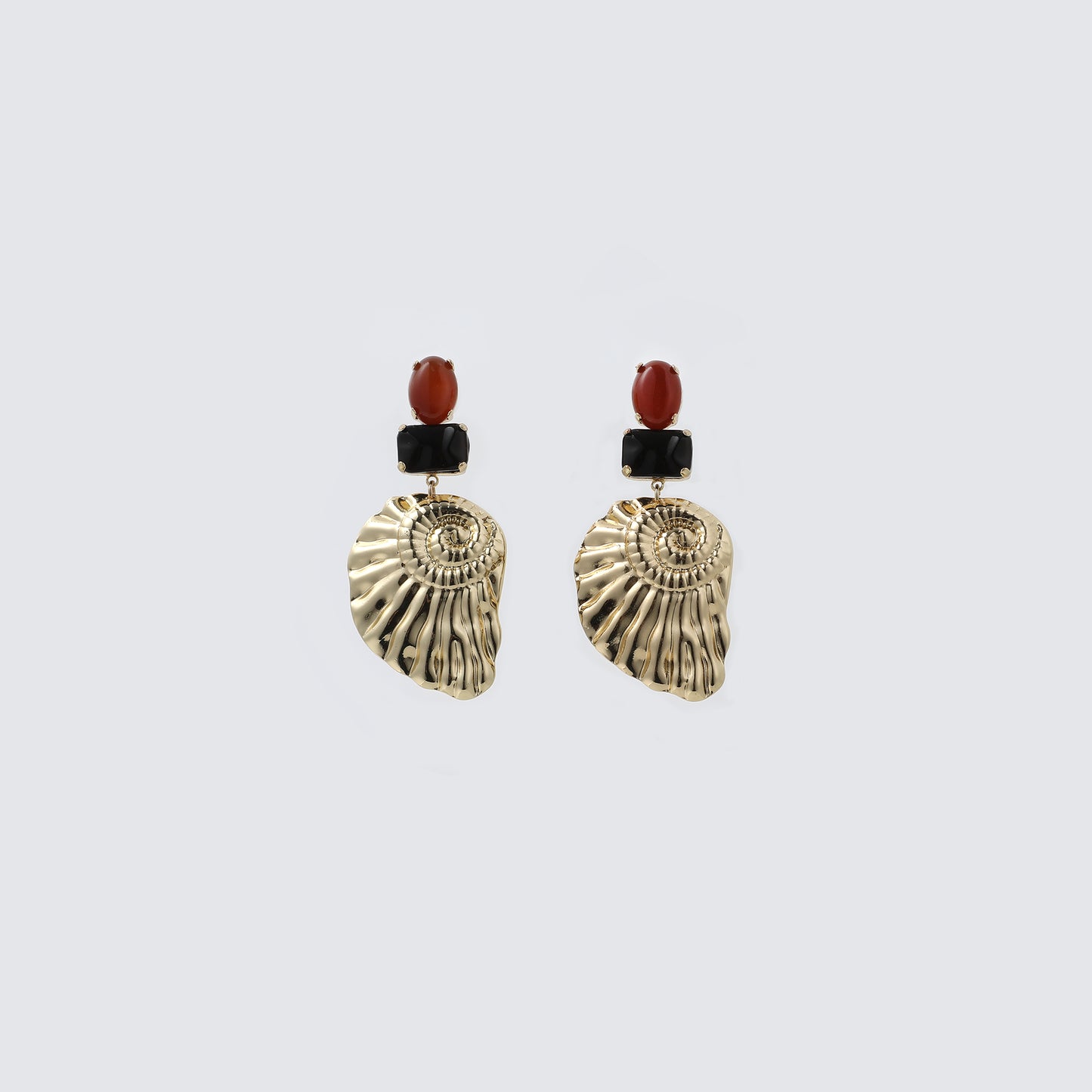 Gold Nautilus Shell with Red & Black Stone Drop Earrings