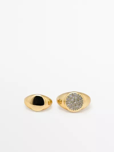 Gold Oval Onyx & Crystal Signet Ring Set