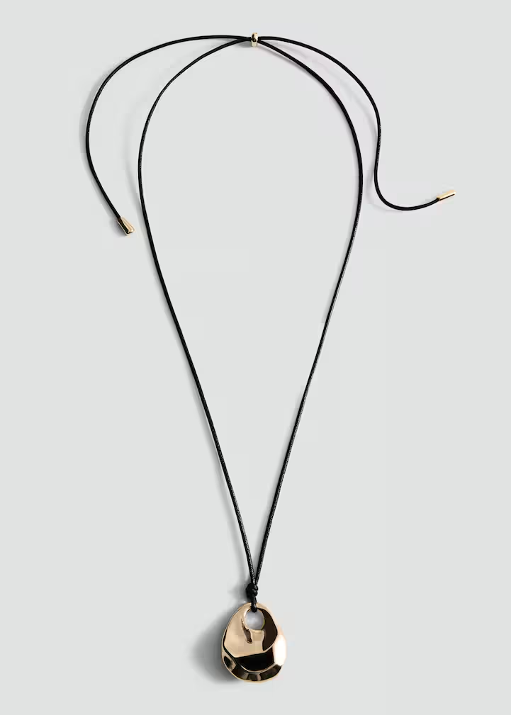 Gold Sculptural Disc Pendant Cord Necklace with Black Cord