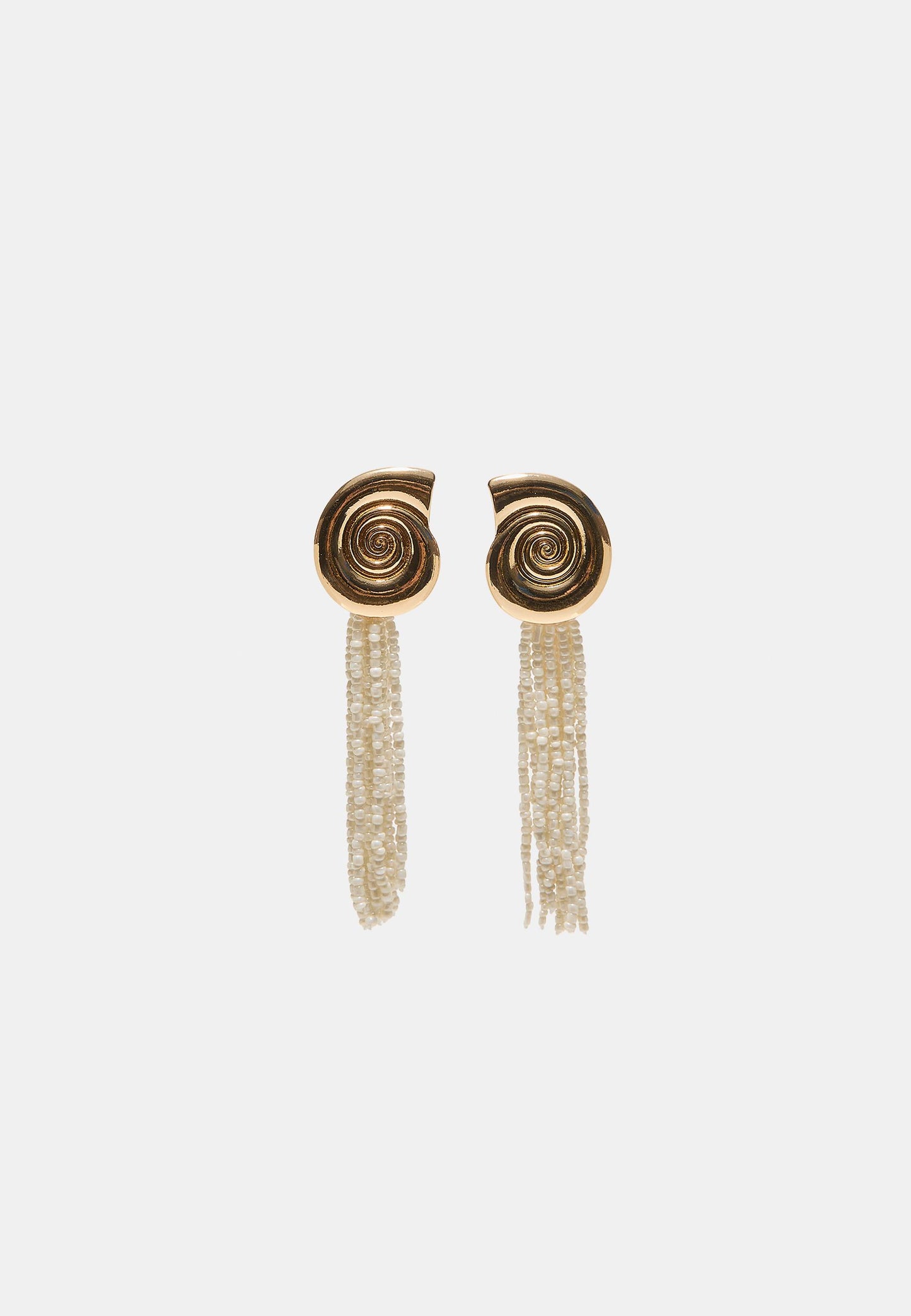 Gold Spiral Shell & White Bead Tassel Drop Earrings
