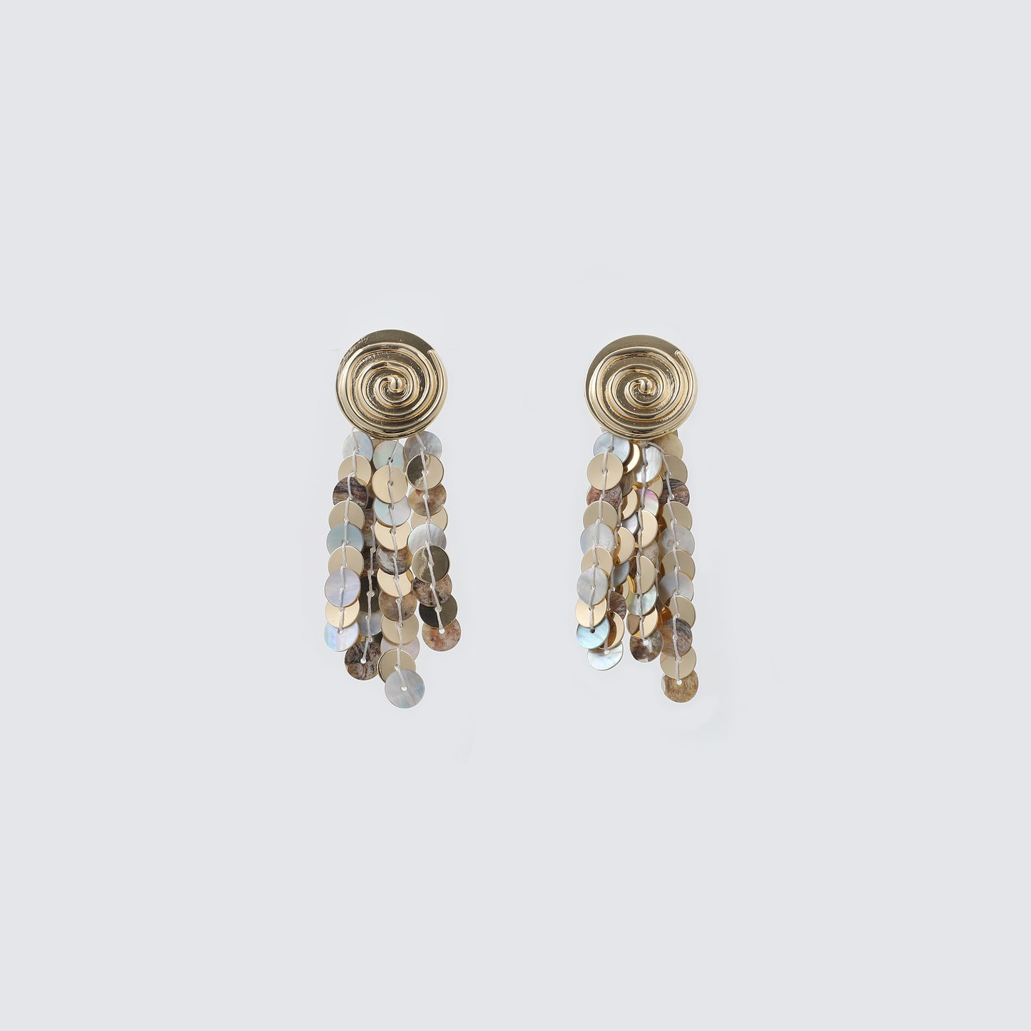 Gold Spiral Top & Iridescent Shell Disc Tassel Drop Earrings
