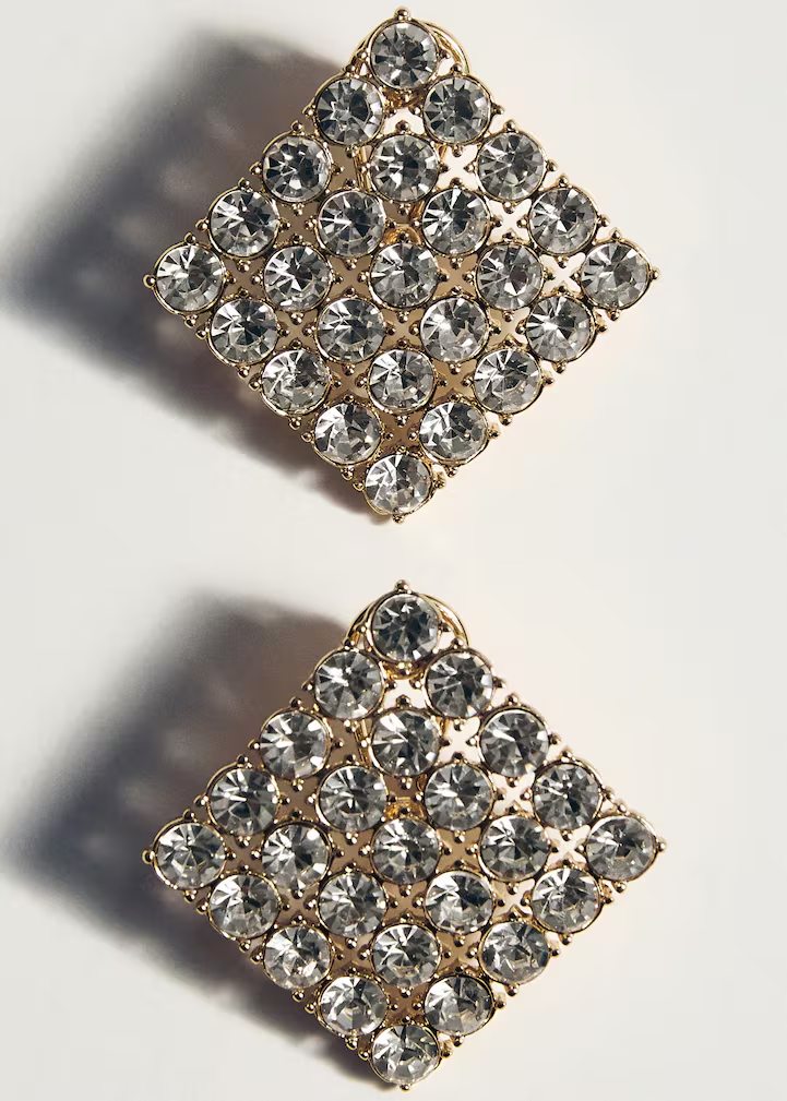 Gold Square Crystal Grid Drop Earrings