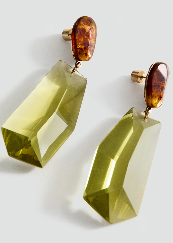 Gold Tortoiseshell Stud with Large Green Crystal Drop Earrings