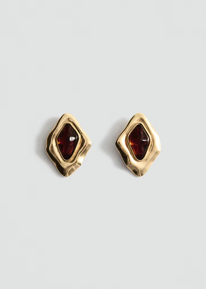Gold Wavy Frame with Amber Stone Stud Earrings