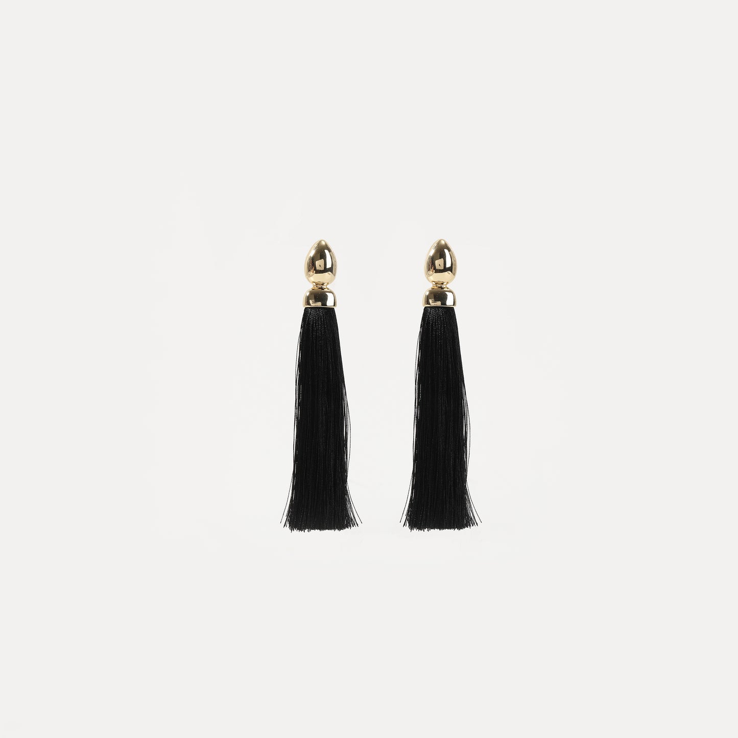Gold bullet-top black tassel drop earring