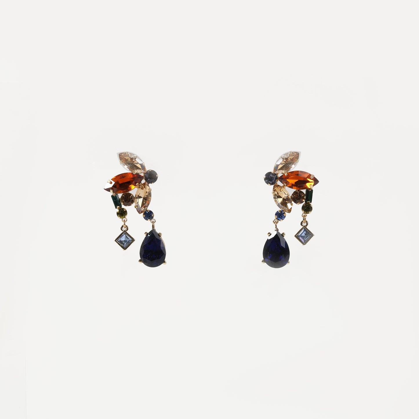 Gold multi-color crystal cluster drop earring with sapphire teardrop accent