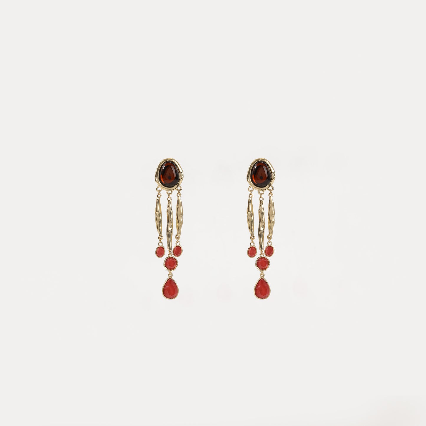 Gold multi-stone red drop long earrings