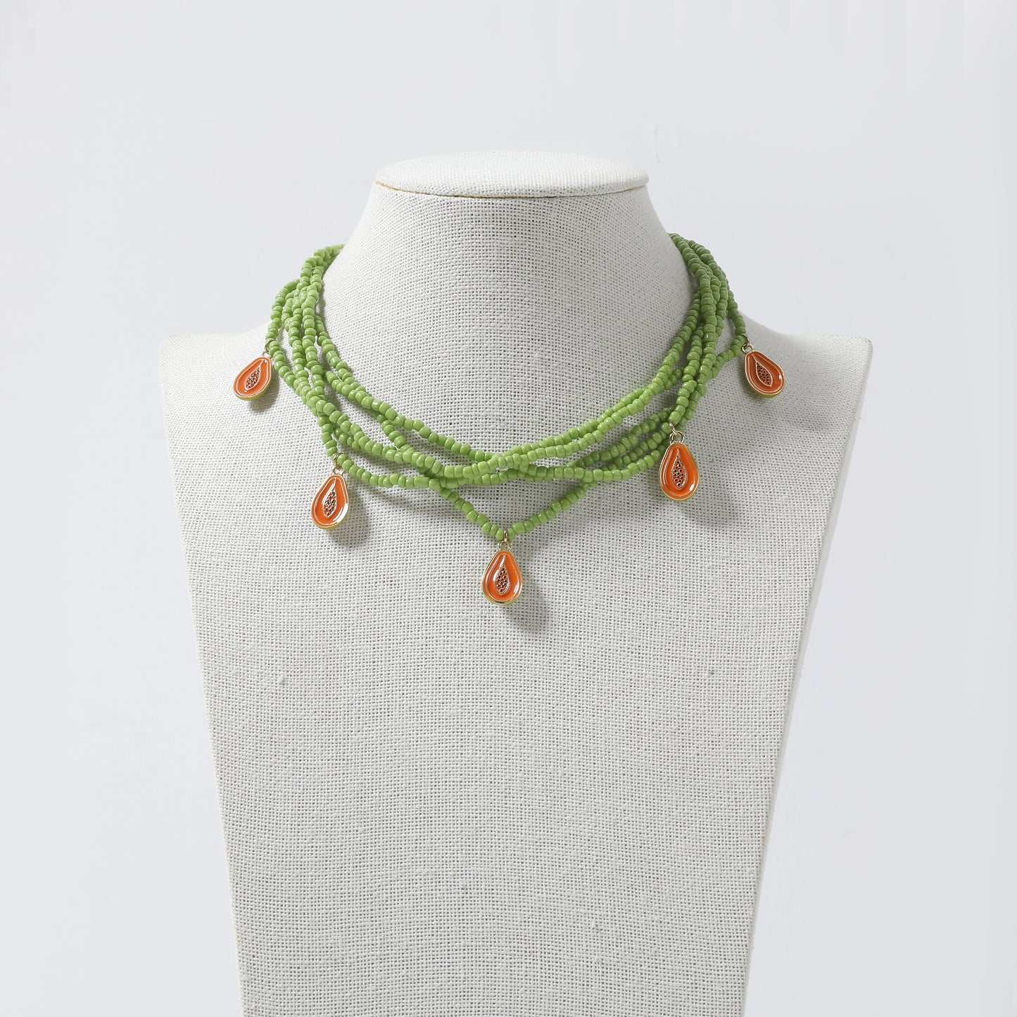 Green Beaded Multi-Layer Necklace with Orange Enamel Papaya Charms