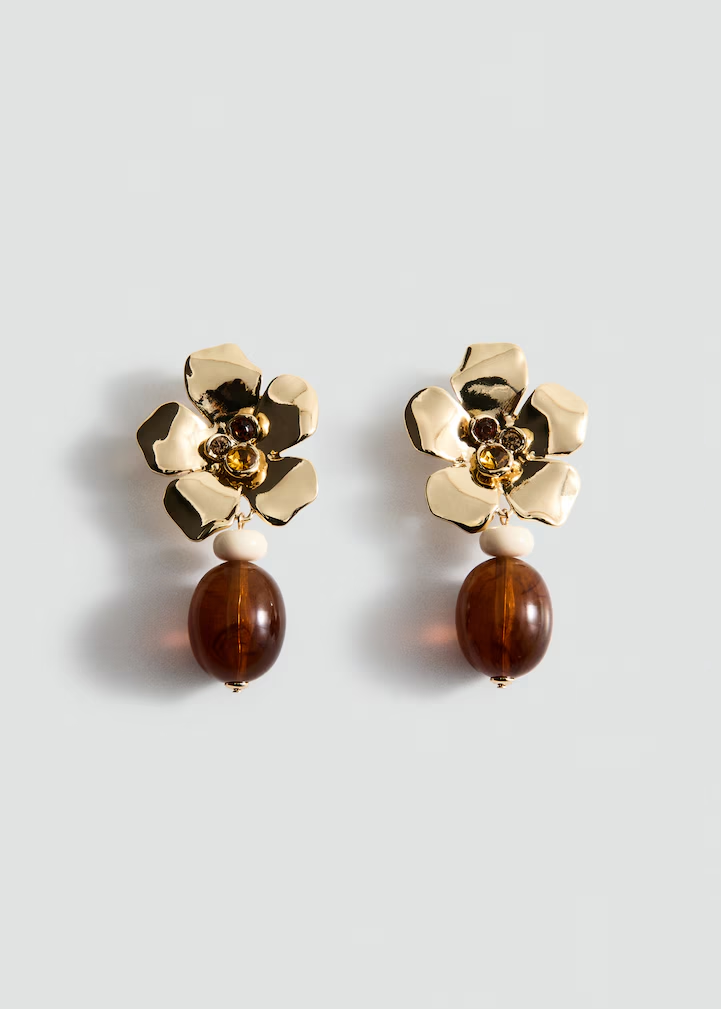 Hammered Gold Flower Rhinestone Amber Bead Drop Earrings