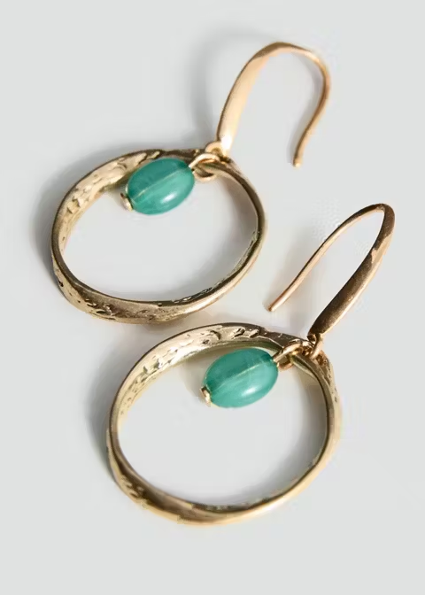 Hammered Open Hoop Green Oval Bead Drop Hook Earrings