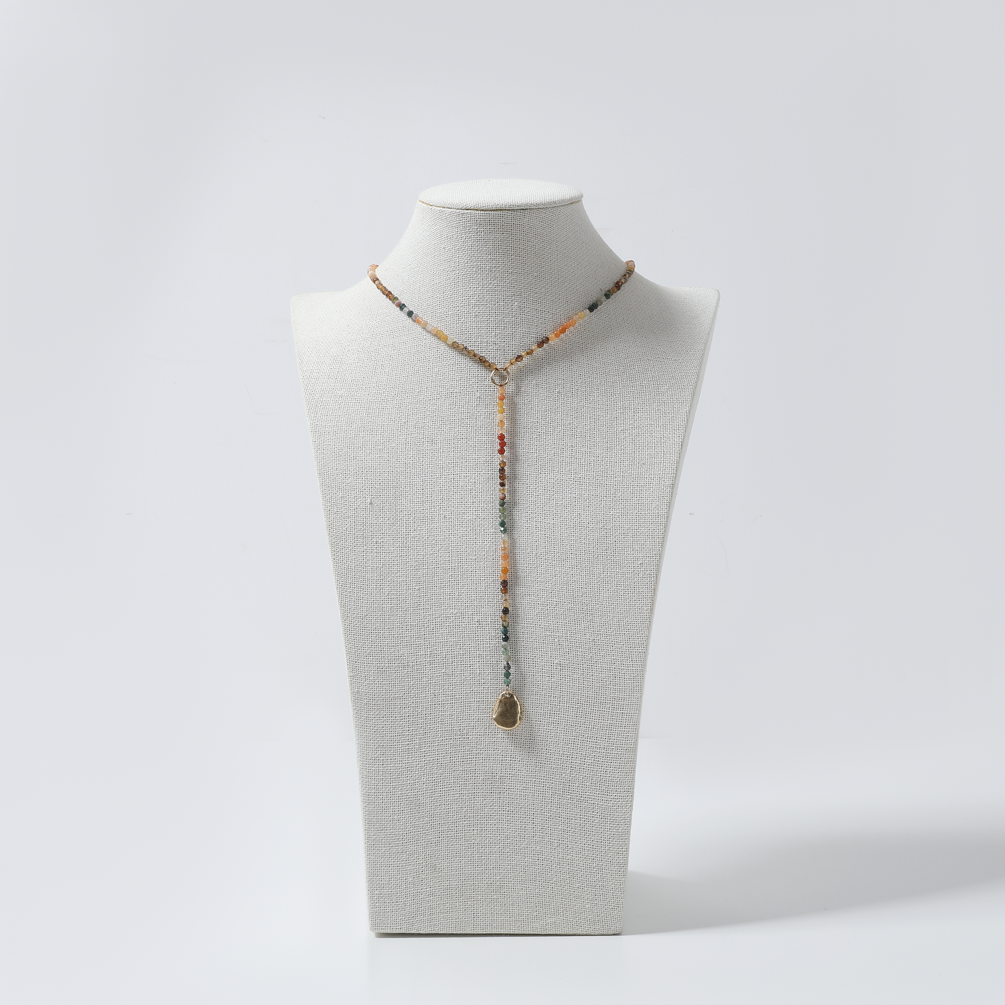Multi-Color Bead & Gold Teardrop Pendant Lariat Necklace