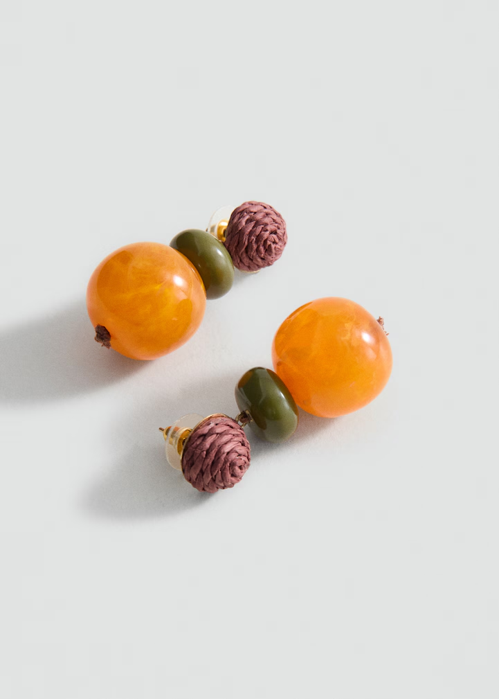Multi-Layer Orange Resin Raffia Wrapped Bead Drop Earrings