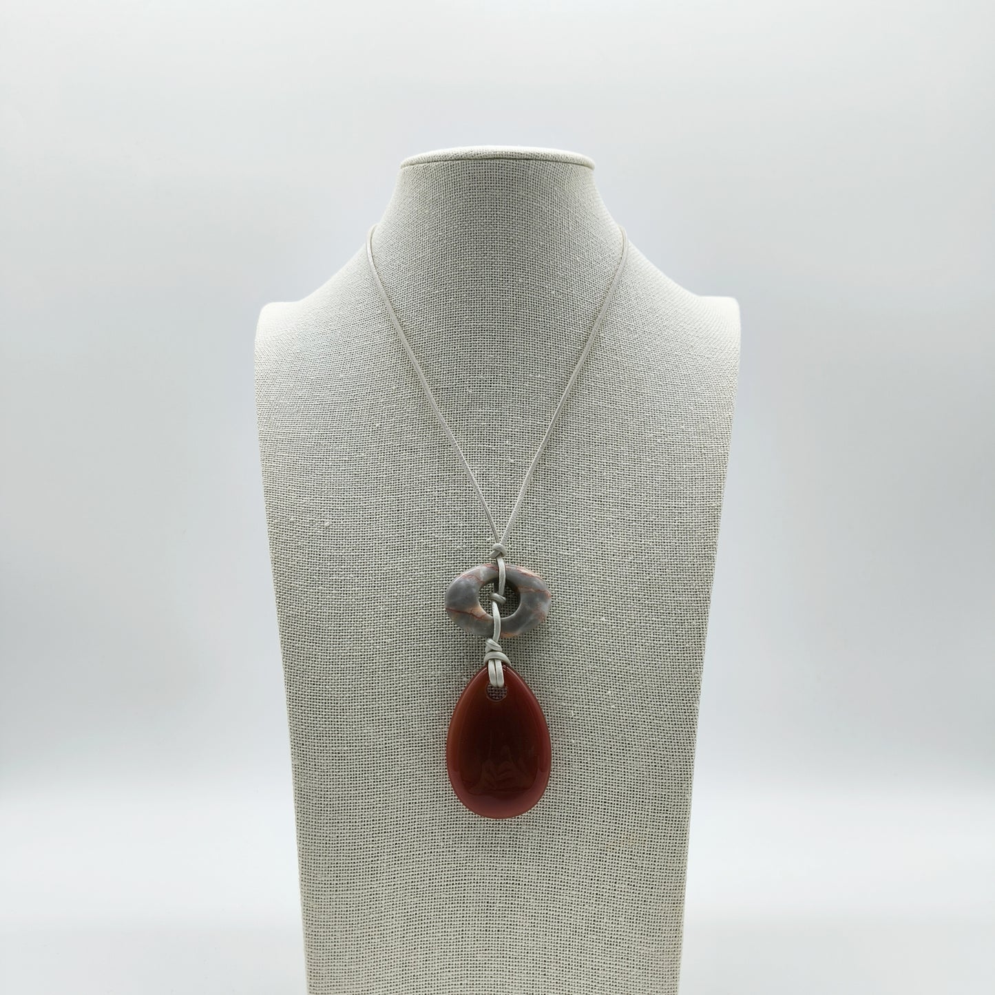Handcrafted Stone Necklace – Agate Drop & Oval Gem with Leather Cord