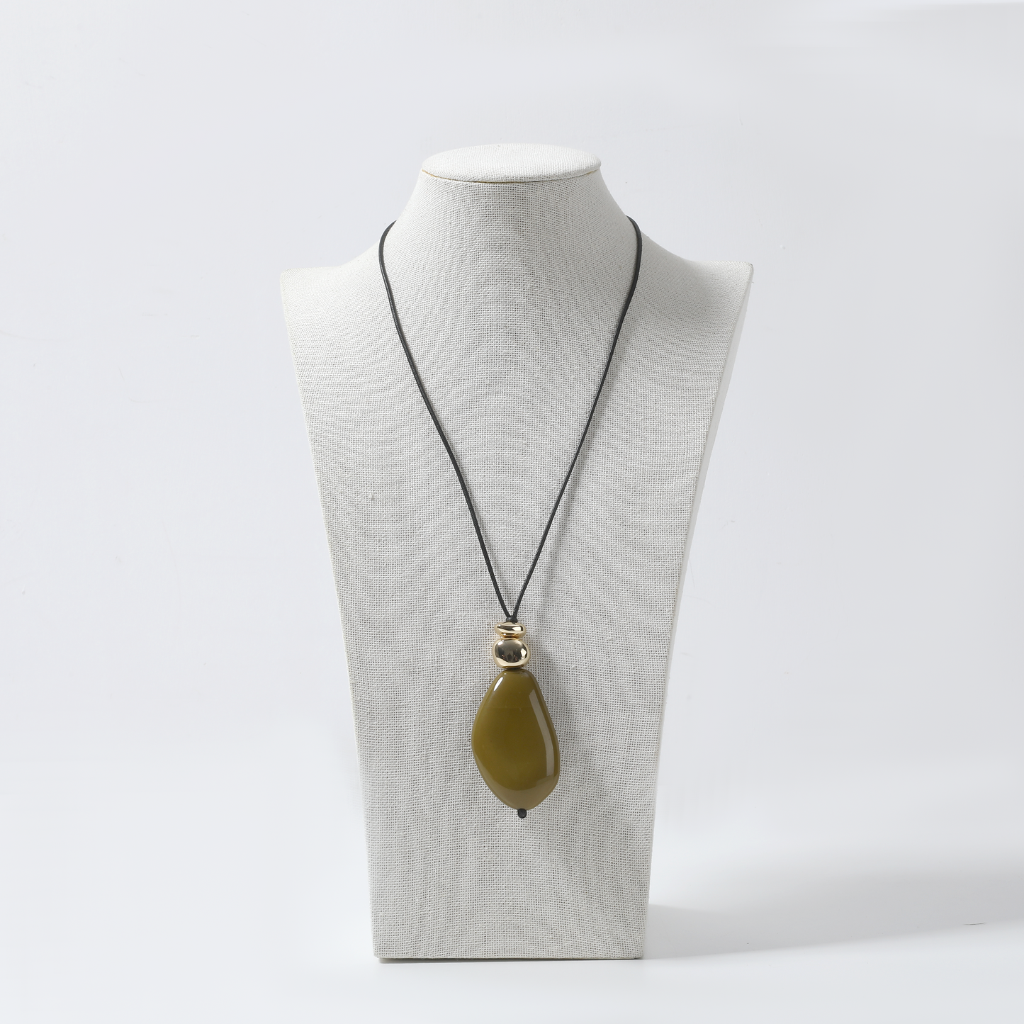 Olive Green Teardrop Pendant with Black Cord Necklace