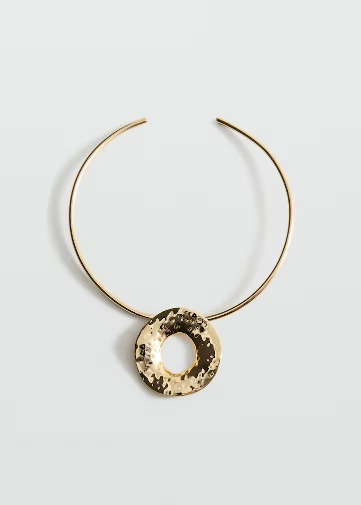 Open Cuff Gold Choker with Hammered Hollow Circle Pendant