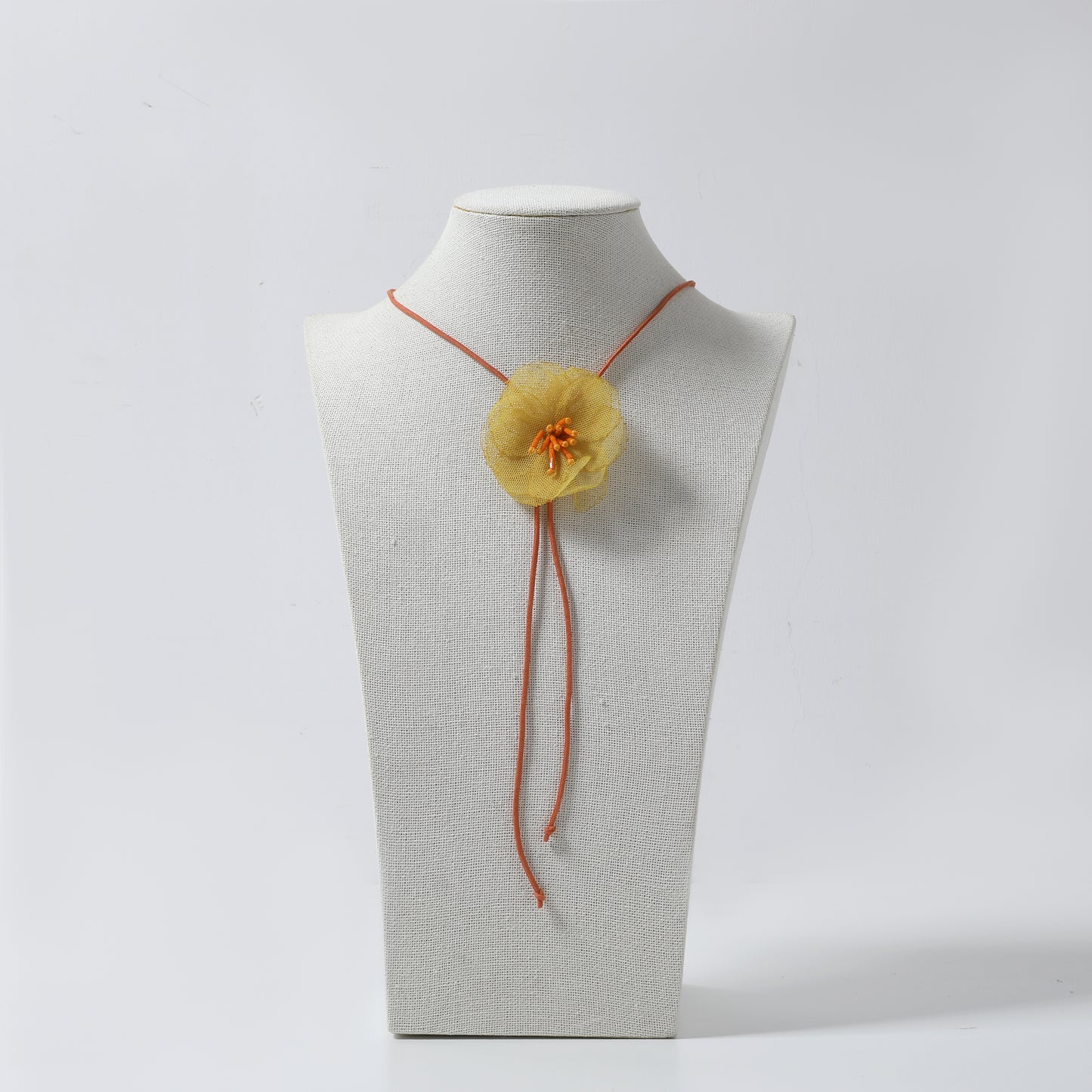 Orange Cord with Yellow Tulle Flower Lariat Necklace