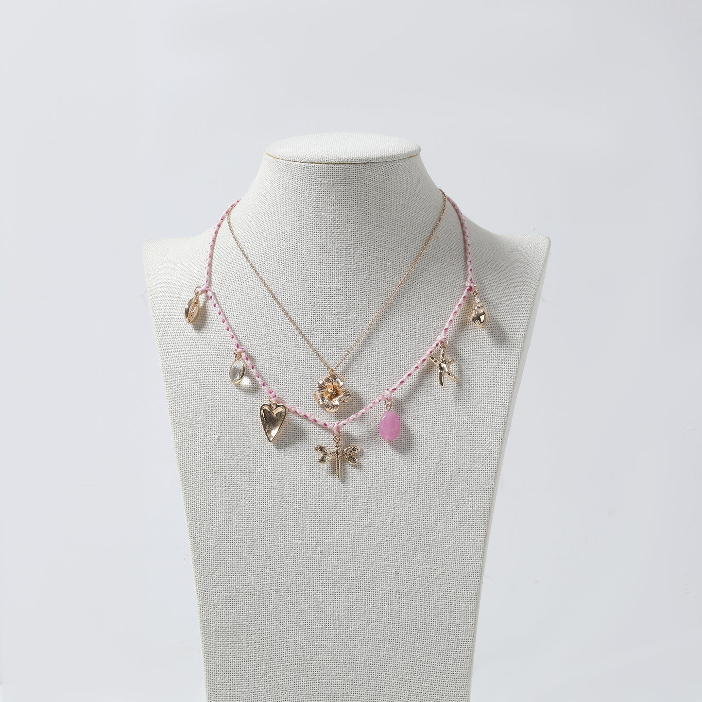 Pink Cord & Gold Multi-Charm Layered Necklace