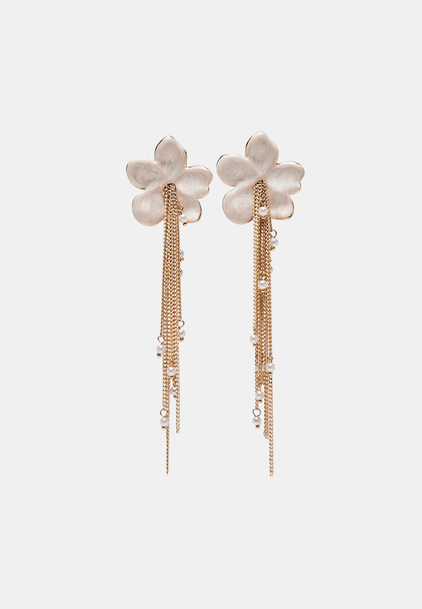 Pink Enamel Flower & Gold Chain Tassel Drop Earrings