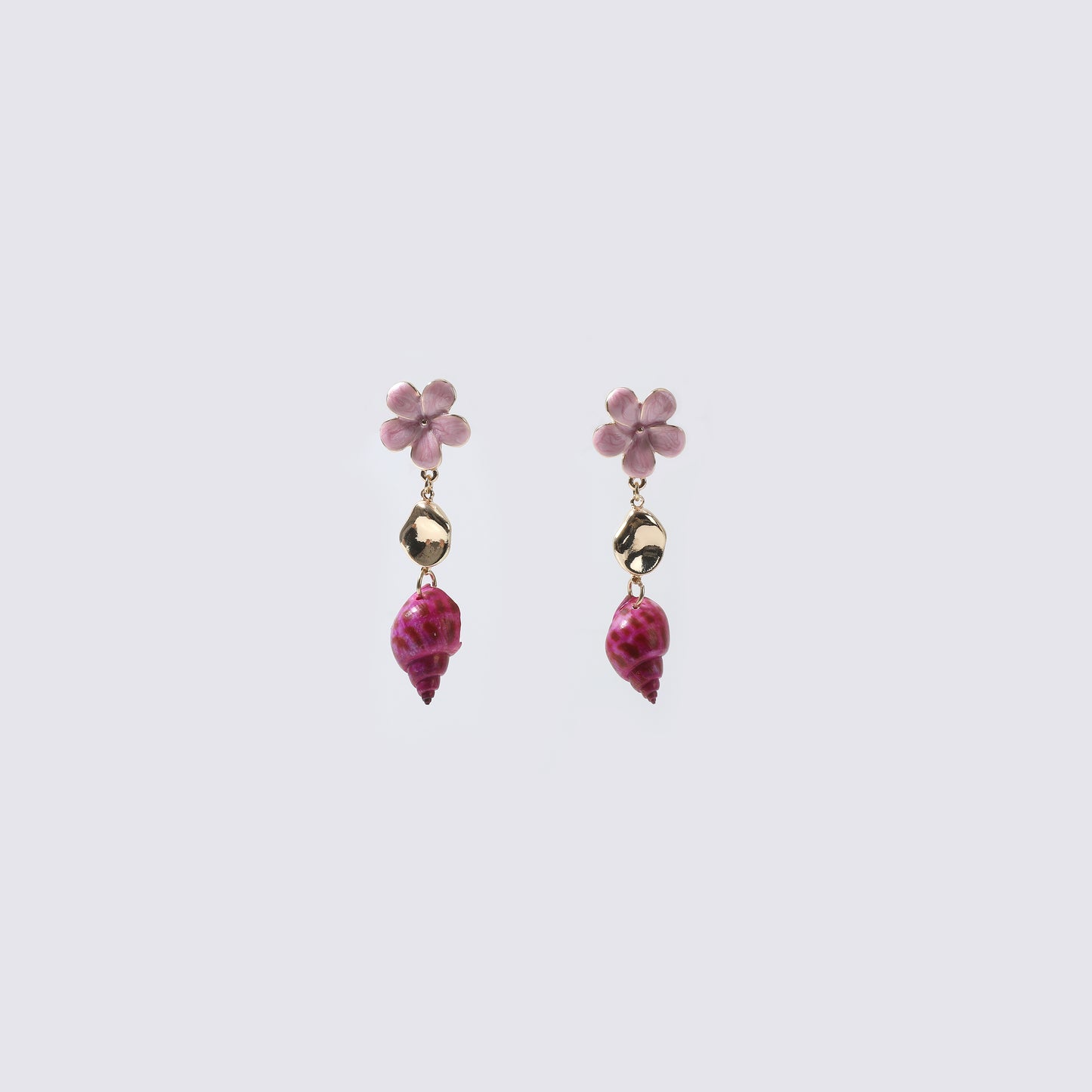 Pink Enamel Flower, Gold Disc & Pink Shell Drop Earrings