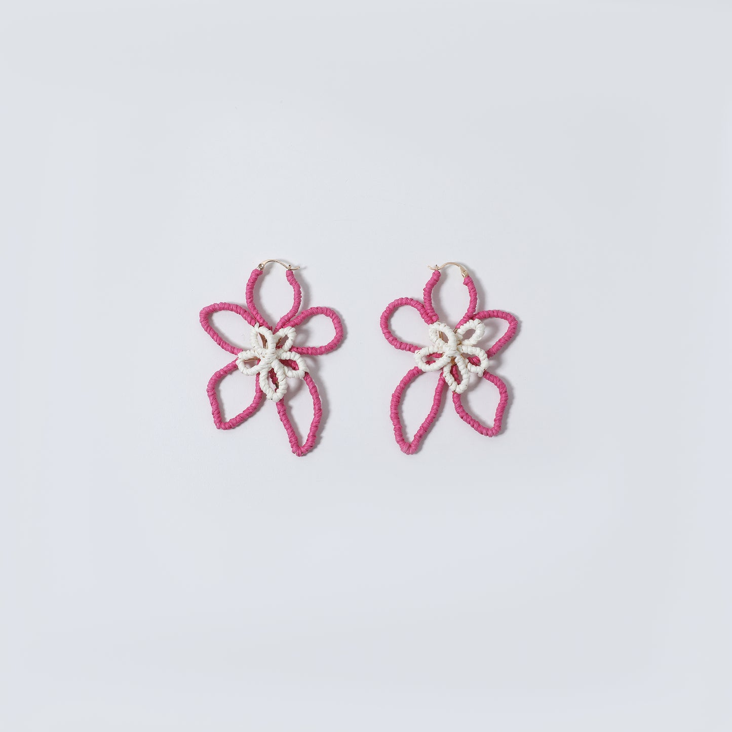 Pink & White Woven Double Flower Drop Earrings